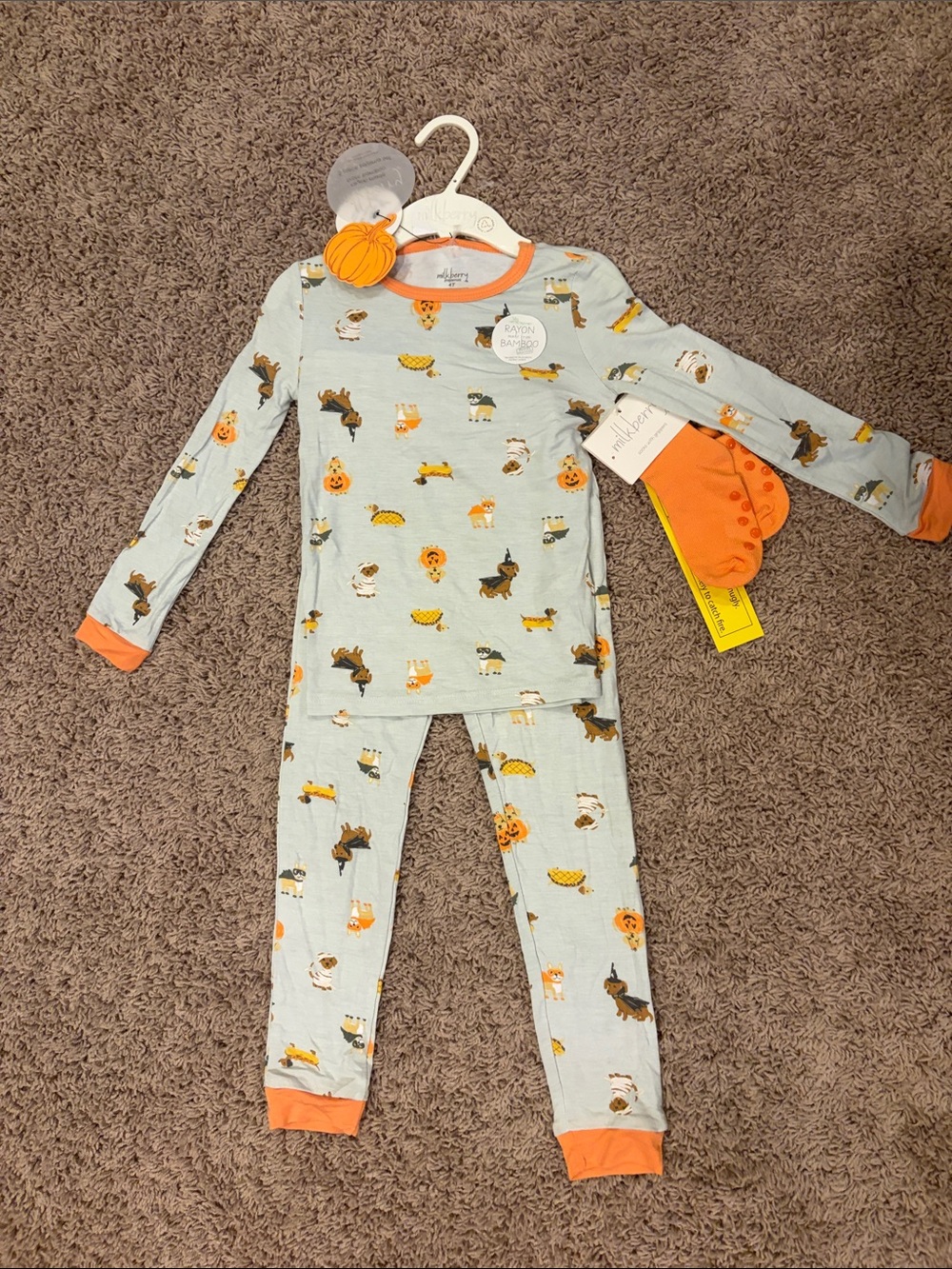 Kids' Light Blue Halloween Puppy Pajama Set with Orange Trim